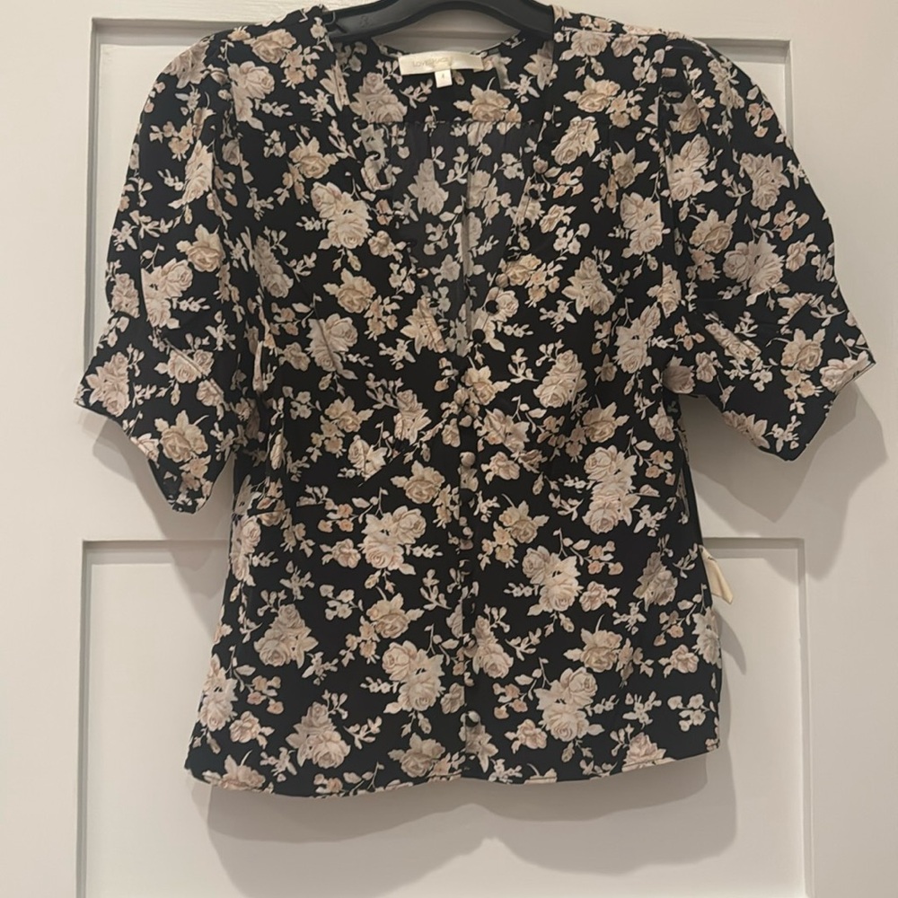 Love shack fancy silk blouse. Black and cream floral. V neck side zipper